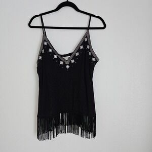 IDYLLWILD Miranda Lambert Black Western Beaded Fringe V Neck Cami Tank Top L